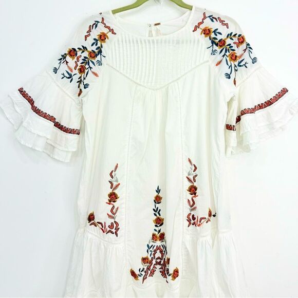Free People PAVLO White Flutter Orange Floral Embroidered Boho Chic Mini Dress - Picture 9 of 16